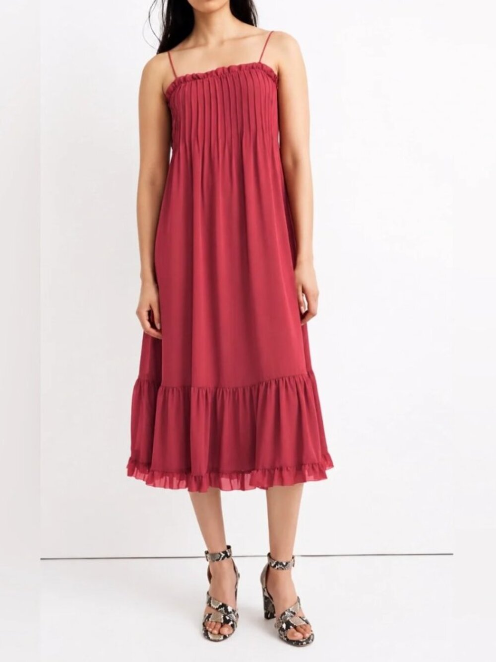Madewell Red Chiffon Pintuck Midi Slip Dress Ruffle Hem Sz 4